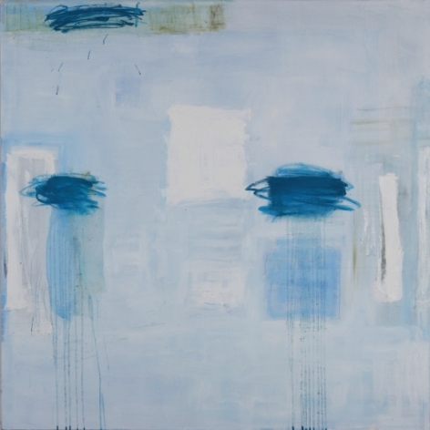 Katherine Parker, All that Follows, 2018, Oil on canvas, 60 x 60 inches. Abstract work with light blue, white and darker blue organic and gestural shapes. Katherine Parker is known for her large vividly painted canvases which are characterized by layers of stumbled and abraded oil paint.