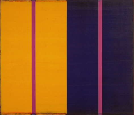 Steven Alexander, Voice 6, 2017, Oil and acrylic on canvas, 36 x 42 inches, Signed and titled on the verso, Vertical rectangles in yellow and navy blue with two pink vertical stripes down the middle, Steven Alexander is an American artist who makes abstract paintings characterized by luminous color, sensuous surfaces and iconic configurations.