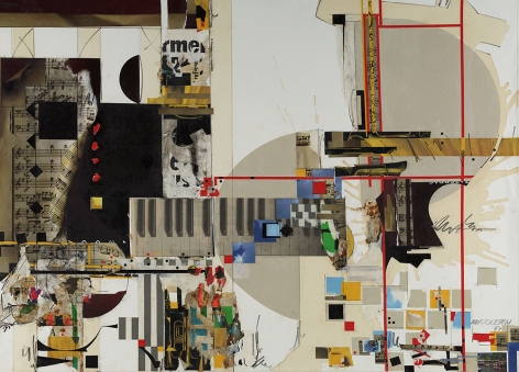 Sam Middleton, Staccato, 1997, Mixed media collage, 30 5/8 x 42 inches, Signed and dated lower right. Collage with geometric squares in yellow and blue, with layered photographs of music notes and a piano. Sam Middleton was one of the leading 20th-century American artists, and is a mixed-media collage artist.