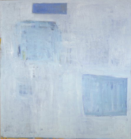 Katherine Parker,  Sublimate, 2016,  Oil on canvas,  68 x 64 inches. Abstract work with pastel blues, soft rectangles and an overall painterly style. Katherine Parker is known for her large vividly painted canvases which are characterized by layers of stumbled and abraded oil paint.