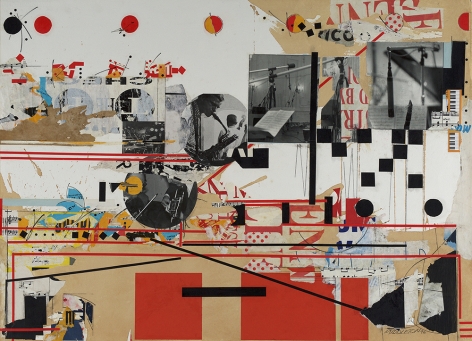 Sam Middleton,  Studio Session, 1992, Mixed media collage, 30 3/4 x 41 3/4 inches, Signed and dated lower right, MIDDLETON 92 Signed, dated, titled and numbered on verso. Abstract collage with black and white photographs, red and black rectangles and geometric lines. Sam Middleton was one of the leading 20th-century American artists, and is a mixed-media collage artist.