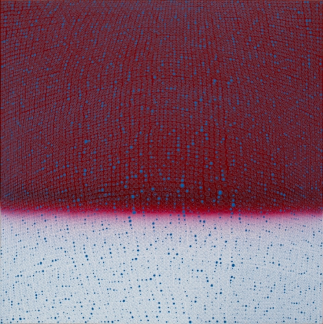 Teo Gonzalez, Large Arch/Horizon Painting 2, 2016, Acrylic on canvas over board, 60 x 60 inches. Dark pink and pale pastel blue grey background with signature grid on top. Teo Gonzalez was born in Spain, and his signature style are works that consist of thousands of drops of water, arranged into a grid pattern, inside of which a small amount of ink or enamel was dropped and left to dry.