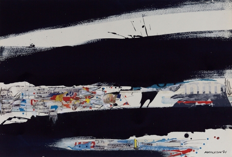 Nocturnal Beat, 1984,  Mixed media and collage on paper,  20-3/8 x 30-1/4,  Signed and dated lower right. Abstract work with large navy and black marks.Sam Middleton was one of the leading 20th-century American artists, and is a mixed-media collage artist.