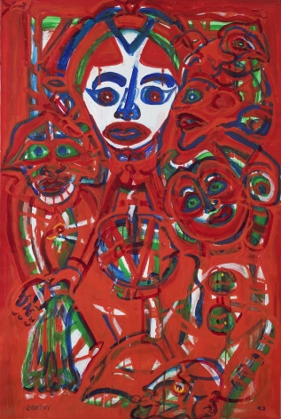 Herbert Gentry, The Tree, 1992, Acrylic on canvas, 48 x 32 inches, Portraits painted in red, blue and green. Herbert Gentry painted in a semi-figural abstract style, suggesting images of humans, masks, animals and objects caught in a web of circular brush strokes, encompassed by flat, bright color.