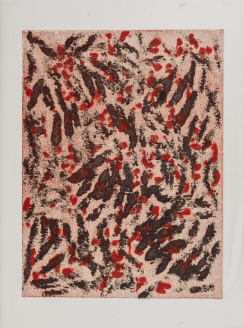 Felrath Hines, Holiday, 1984,  Monotype, 18 x 24 inches. Monotype with red, dark maroon and lighter red dots and marks. Felrath Hines worked to create universal visual idioms from a place of complex personal experience. His figurative and cubist-style artwork morphed into soft-edged organic abstracts as he grappled with hues in his chosen oil medium.