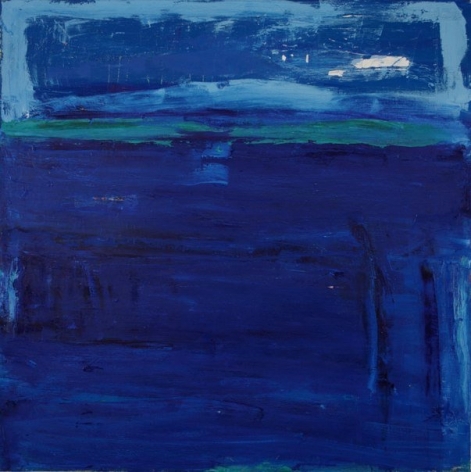 Katherine Parker, Chute, Oil on canvas, 48 x 48 inches, Abstract painting with various hues of blue and rectangular marks , Katherine Parker is known for her large vividly painted canvases which are characterized by layers of stumbled and abraded oil paint.