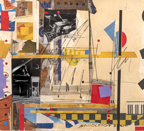 Sam Middleton, Untitled, 2000, Mixed media collage, 11 1/2 x 12 1/2 in., Signed and dated, lower right. Abstract work with geometric squares, angled lines and spheres. Sam Middleton was one of the leading 20th-century American artists, and is a mixed-media collage artist.