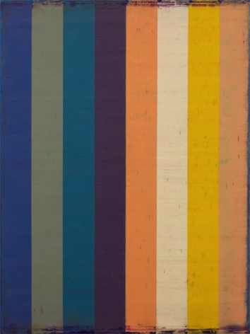 Steven Alexander, TRACER 2, 2014, Oil and acrylic on canvas, 32 x 24 inches. Eight thin vertical rectangles. The first four in muted cool colors and the next four in vibrant warm colors. Steven Alexander is an American artist who makes abstract paintings characterized by luminous color, sensuous surfaces and iconic configurations.