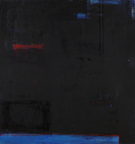 Katherine Parker, Obscura, 2016, Oil on canvas, 68 x 64 inches, Abstract black painting with multiple layers of black, blue and red, Katherine Parker is known for her large vividly painted canvases which are characterized by layers of stumbled and abraded oil paint.