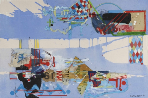 Sam Middleton, Strong World, 1981,  Mixed media on paper,  20 x 30 inches,  Signed and dated lower right. Abstract work with blue background, and checkered multi-colored rectangles and geometric marks in the foreground in blue and red. Sam Middleton was one of the leading 20th-century American artists, and is a mixed-media collage artist