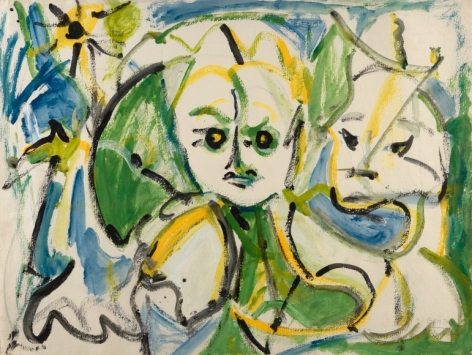 Herbert Gentry, And a Star, 1978, Watercolor and acrylic on paper 23 x 32 inches, Signed lower left Gentry. Abstract portrait with blue, green and yellow brushstrokes. Herbert Gentry painted in a semi-figural abstract style, suggesting images of humans, masks, animals and objects caught in a web of circular brush strokes, encompassed by flat, bright color.