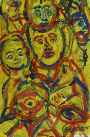 Herbert Gentry, Family Man, 1998,  Acrylic on board,  12 x 8 inches,  Signed lower right. Abstract painting with yellow background, red and blue circular paint strokes in the foreground that have human features. Herbert Gentry painted in a semi-figural abstract style, suggesting images of humans, masks, animals and objects caught in a web of circular brush strokes, encompassed by flat, bright color.