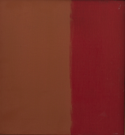 Felrath Hines, Untitled (Sketch), 1969, Oil on canvas, 14 x 15 inches. Canvas split in half vertically with orange and red. Felrath Hines worked to create universal visual idioms from a place of complex personal experience. His figurative and cubist-style artwork morphed into soft-edged organic abstracts as he grappled with hues in his chosen oil medium.