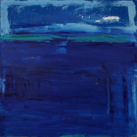 Katherine Parker, Chute, Oil on canvas, 48 x 48 inches, Abstract painting with various hues of blue and rectangular marks , Katherine Parker is known for her large vividly painted canvases which are characterized by layers of stumbled and abraded oil paint.