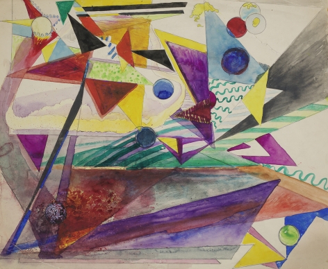 Hilla Rebay, Abstract Composition, Watercolor on paper, 14 x 16-1/2 inches, colorful watercolor painting of various triangles and spheres. Hilla Rebay was an abstract artist and co-founder of the Guggenheim.