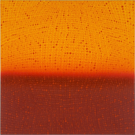 Teo Gonzalez, Arch/Horizon Painting 1, 2015, Acrylic on canvas over board, 24 x 24inches. Orange and dark maroon background with signature grid on top. Teo Gonzalez was born in Spain, and his signature style are works that consist of thousands of drops of water, arranged into a grid pattern, inside of which a small amount of ink or enamel was dropped and left to dry.