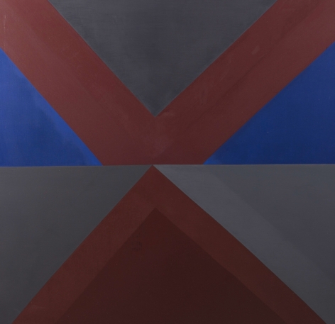 Felrath Hines, Untitled #2, 1978, Oil on canvas, 46 x 48 inches. Canvas divided horizontally with red, blue and grey geometric triangles and shapes. Felrath Hines worked to create universal visual idioms from a place of complex personal experience. His figurative and cubist-style artwork morphed into soft-edged organic abstracts as he grappled with hues in his chosen oil medium.
