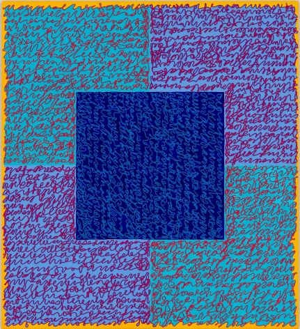 Louise P. Sloane, Fated 5, 2016, Acrylic paint and pastes on aluminum panel, 40 x 36 inches, four rectangles and a central square (teal, blue, and yellow edges) with personal text written over the squares in pink to create three dimensional texture. Louise P. Sloane has been creating abstract paintings since 1974.