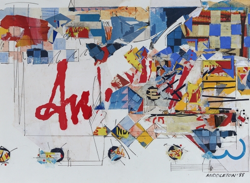 Sam Middleton, Untitles, 1989 Mixed media collage, 30-1/2 x 41 inches, Signed and dated center right. Abstract work with primary colors, geometric spheres, triangles and lines and cut out photographs. Sam Middleton was one of the leading 20th-century American artists, and is a mixed-media collage artist