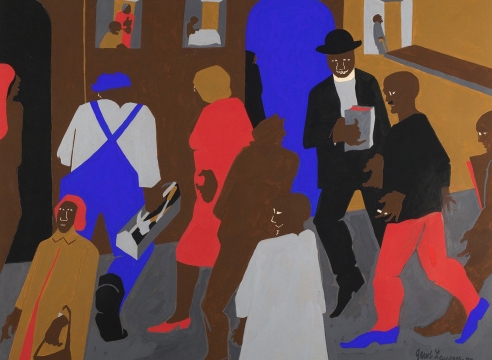 Jacob Lawrence, Windows, 1977,  Gouache on paper,  19 1/4 x 23 inches,  Signed and dated lower right. Flat color figures in brown, red, blue and burnt orange. Jacob Lawrence was one of the most important artists of the 20th century, widely renowned for his modernist depictions of everyday life as well as epic narratives of African American history and historical figures.