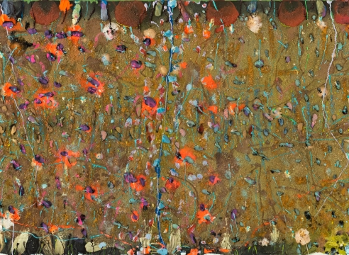  Stanley Boxer, Broiderfries, 1990 Mixed Media on Canvas, 30 x 48 inches, Large abstract painting with red, orange, yellow and hunter green