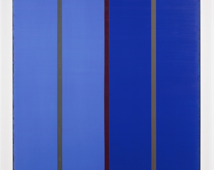 Steven Alexander, Reverb 9, 2018, Oil and acrylic on linen, 72 x 48 inches, Signed and titled on the verso, Vertical rectangles in yellow, lilac, orange and blue, Steven Alexander is an American artist who makes abstract paintings characterized by luminous color, sensuous surfaces and iconic configurations.